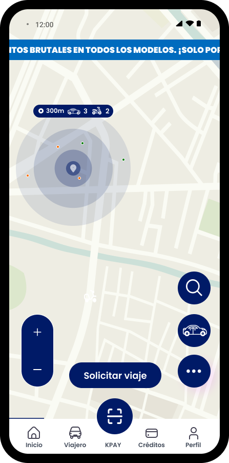 La app de Kardinal mostrando el mapa con los conductores cercanos y el botón Solicitar viaje